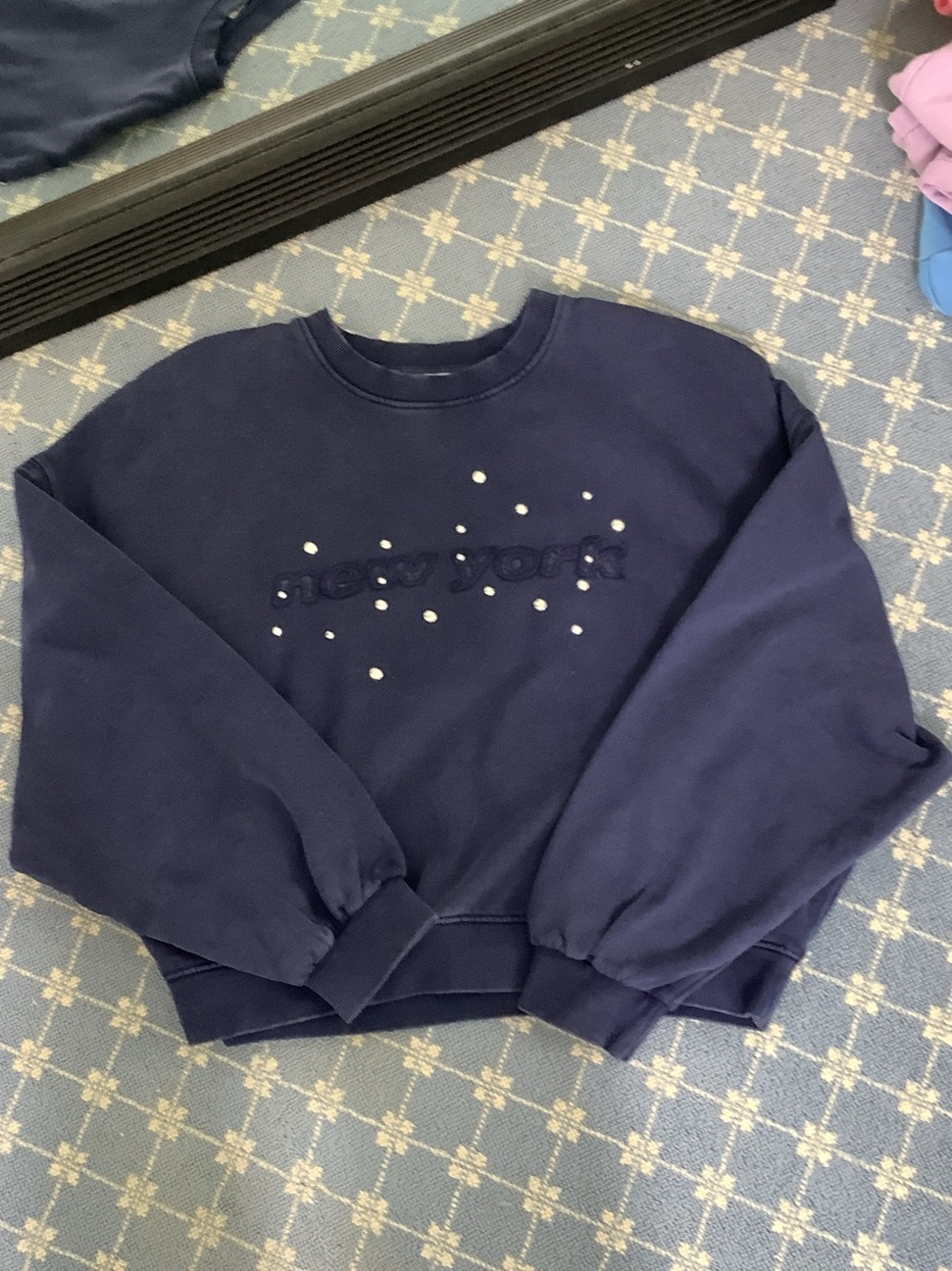 Zara Navy Crewneck Sweatshirt with Raised Logo and Stud Accents